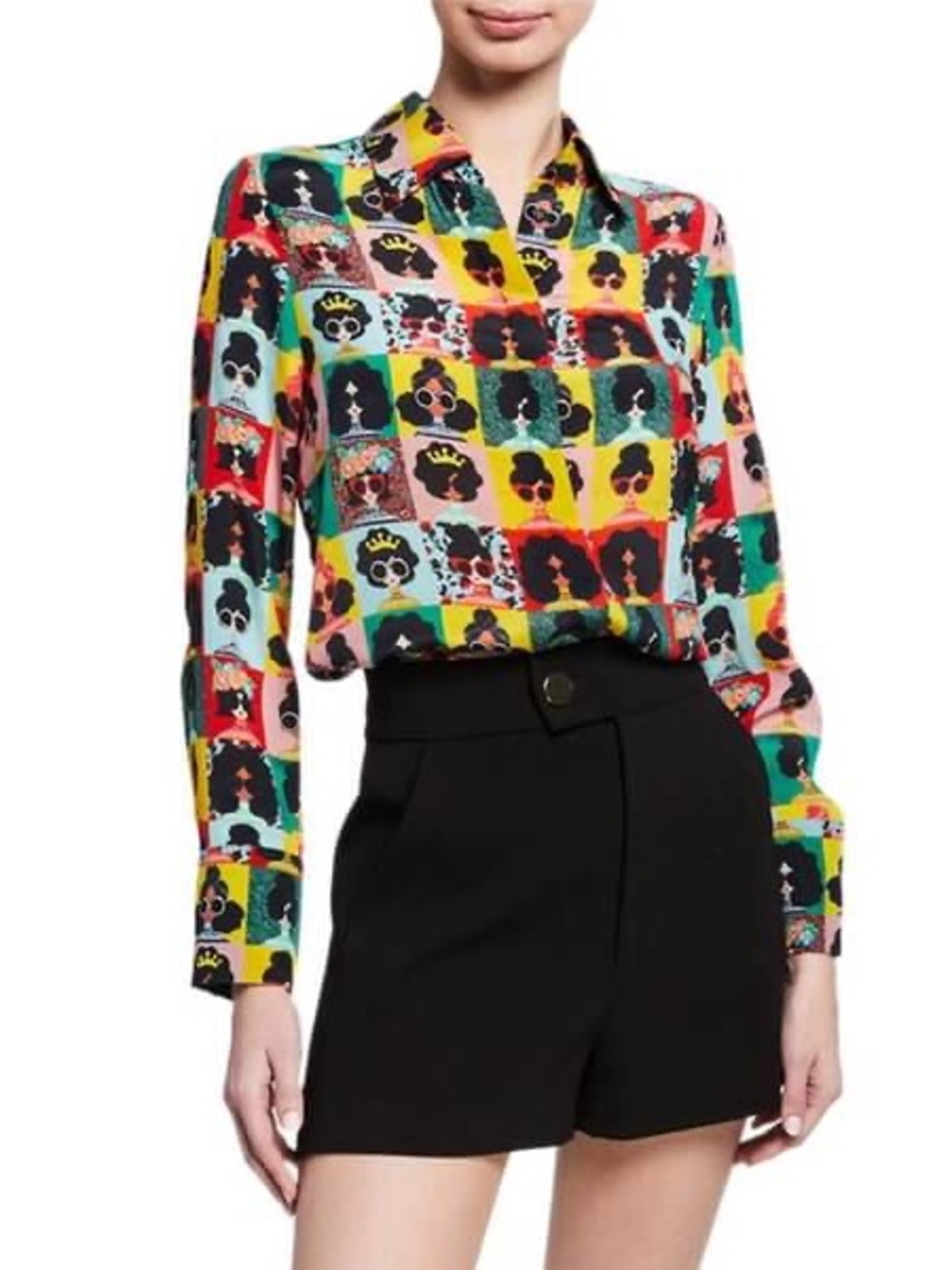 RARE Alice + Olivia Willa Stace Face Silk Placket Top
